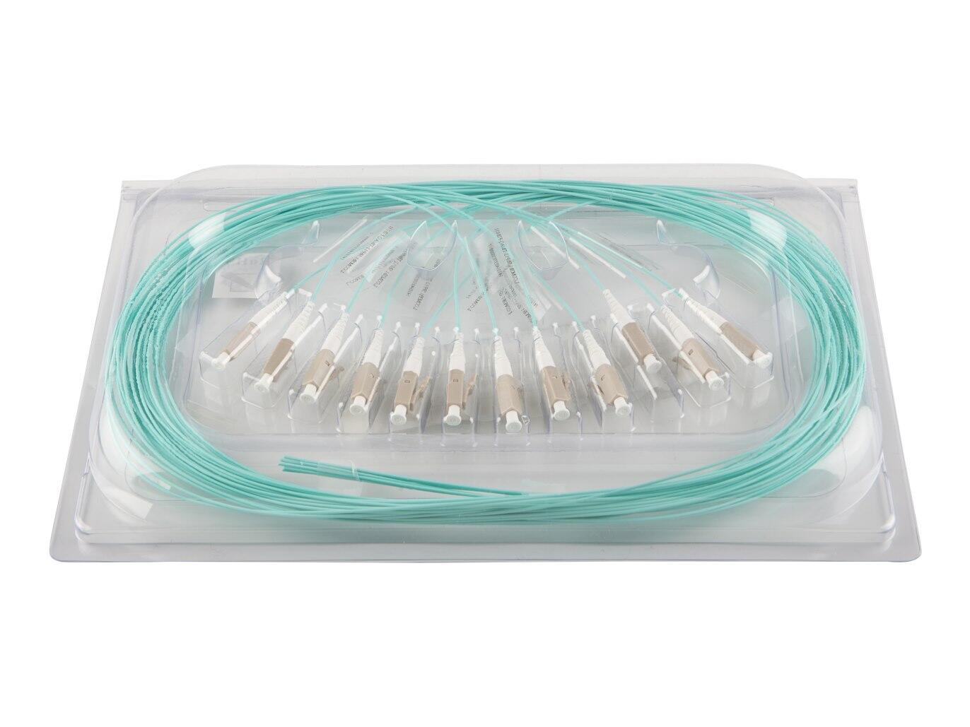 PT-OM4-T9A-LCP-15-BP Fiberworks AS  Pigtail LC/PC,12-pack blister, 1,5 m 50/OM4 BIF, Tight Buffer 900&#181;m, Aqua