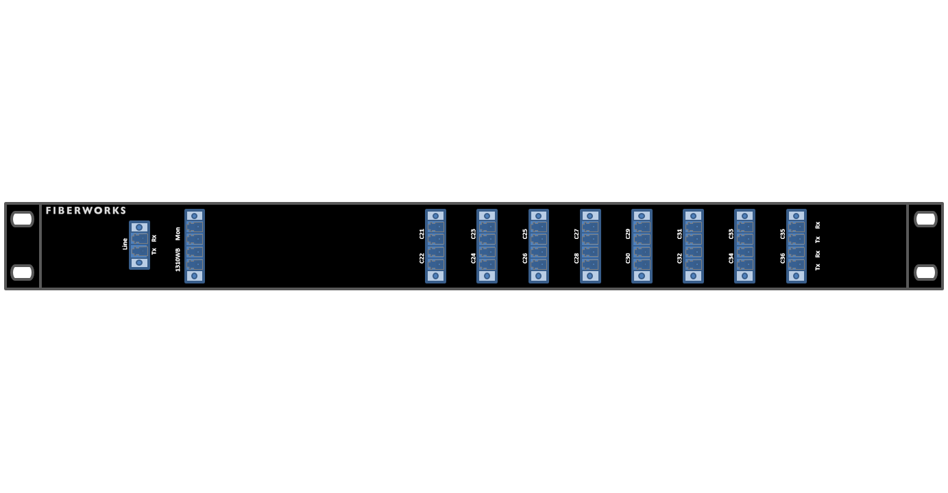 F-DMUX-16+1-2136-MLU Fiberworks AS  Fiberworks 16+1 ch. DWDM Mux+Demux, Low ITU ch. 21-36, 100 GHz, Upgrade &amp; Mon.