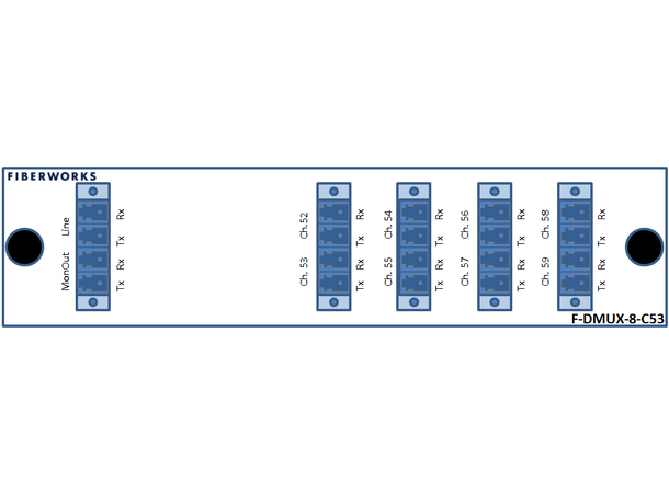 Fiberworks 8 ch. DWDM Mux+Demux for C53 ITU ch. 52-59, 100GHz, Monitor ports, LC