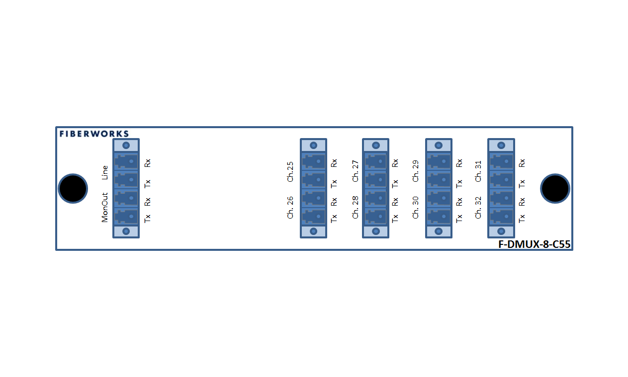F-DMUX-8-C55-MLU Fiberworks AS  Fiberworks 8 ch. DWDM Mux+Demux for C55 ITU ch. 25-32, 100GHz, Monitor ports, LC