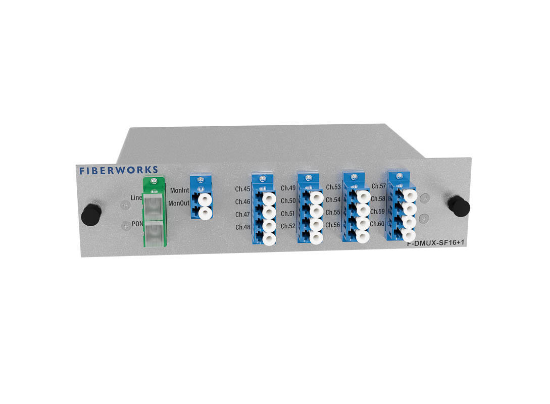 F-DMUX-SF16+1-HB-MLS Fiberworks AS  Fiberworks 16+1 ch. DWDM Mux/Demux, High C45-C60, 100GHz, PON &amp; Mon, single fiber